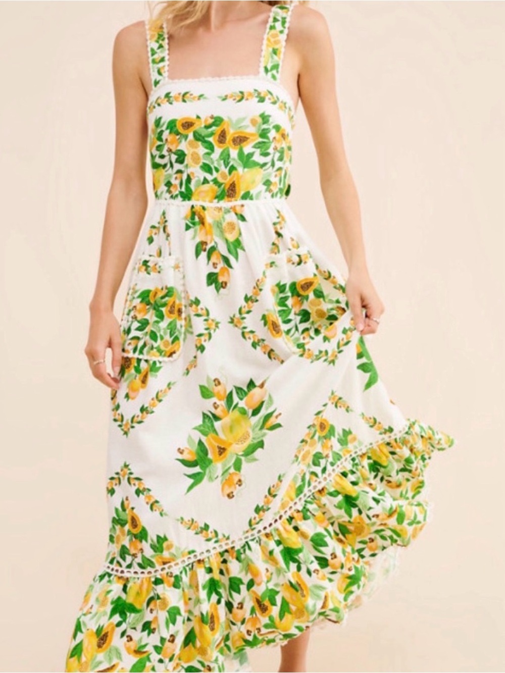 FARM Rio White Maxi Dress with Yellow Lemon & Green Leaf Print